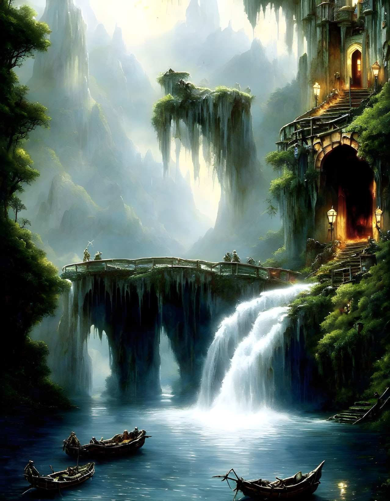 Fantastical landscape with waterfall, cliffs, stone house, bridge, figures, and boats