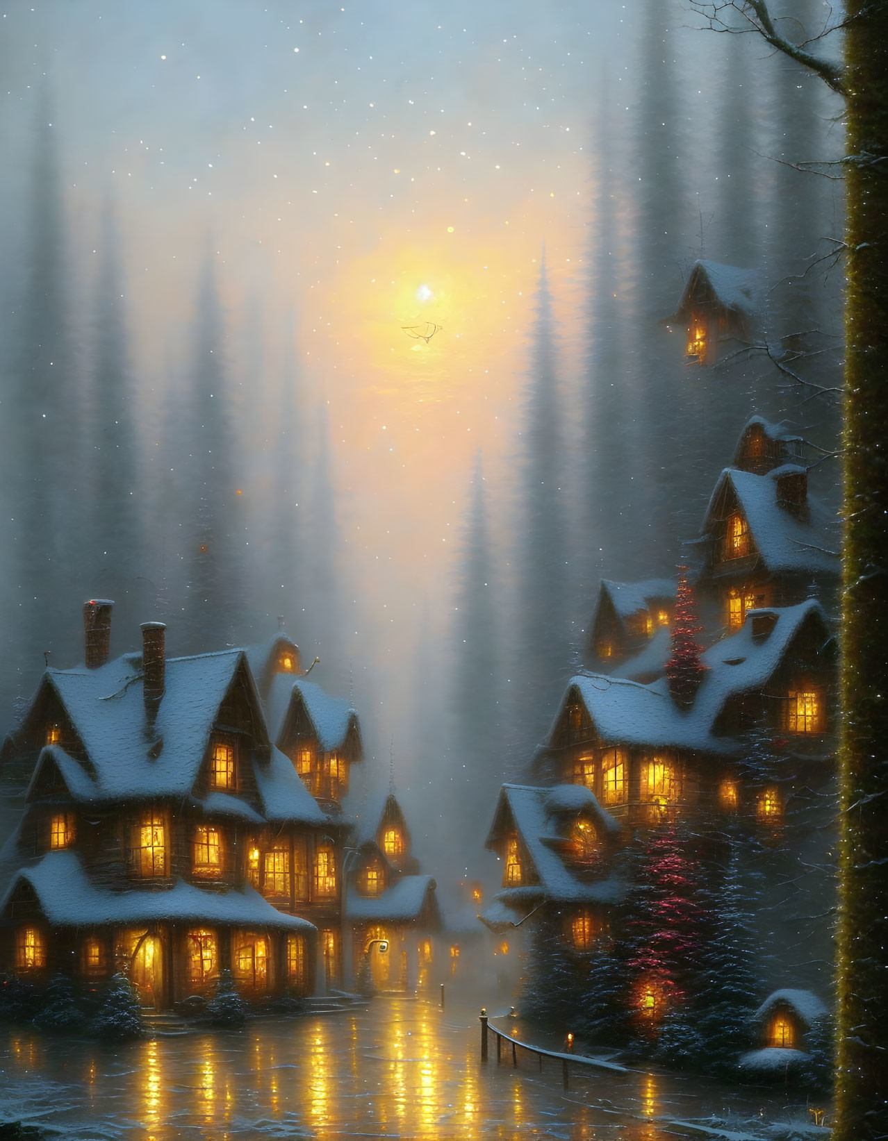 Winter scene: Snow-covered cottages in misty pine forest at twilight