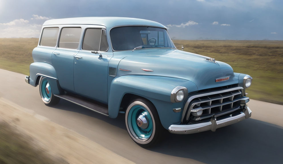 Vintage Blue Chevrolet Suburban on Open Road with Classic Design Elements