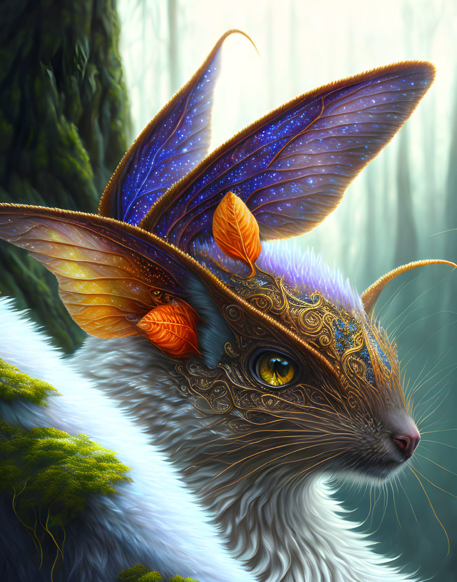 Mystical mouse-like creature with butterfly wings in enchanted forest