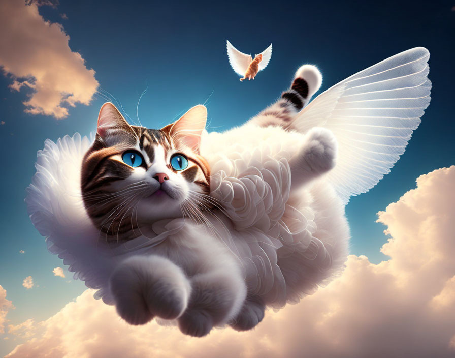 Whimsical digital artwork: Flying tabby cat with white wings in blue sky.