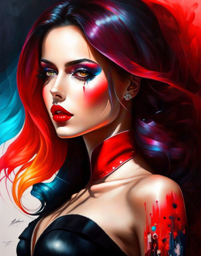 Vibrant digital artwork of woman with red and blue hair