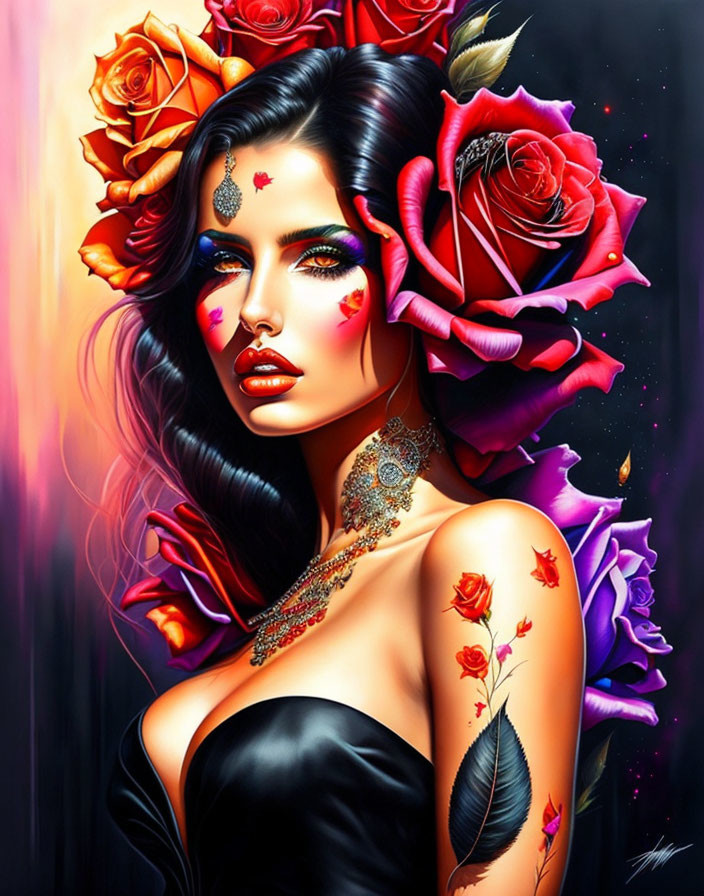 Colorful Illustration: Woman with Roses, Striking Makeup, Tattoos