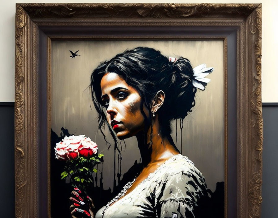 Framed painting of woman in gray dress with red rose and white flower in her hair