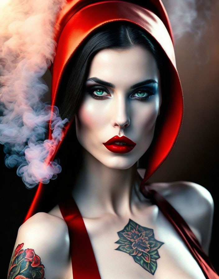 Woman with Green Eyes and Red Lipstick in Red Hood Exhales Smoke with Shoulder Tattoo