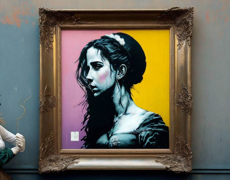 Stylized portrait of woman with pink and yellow backgrounds and graffiti elements in gold frame