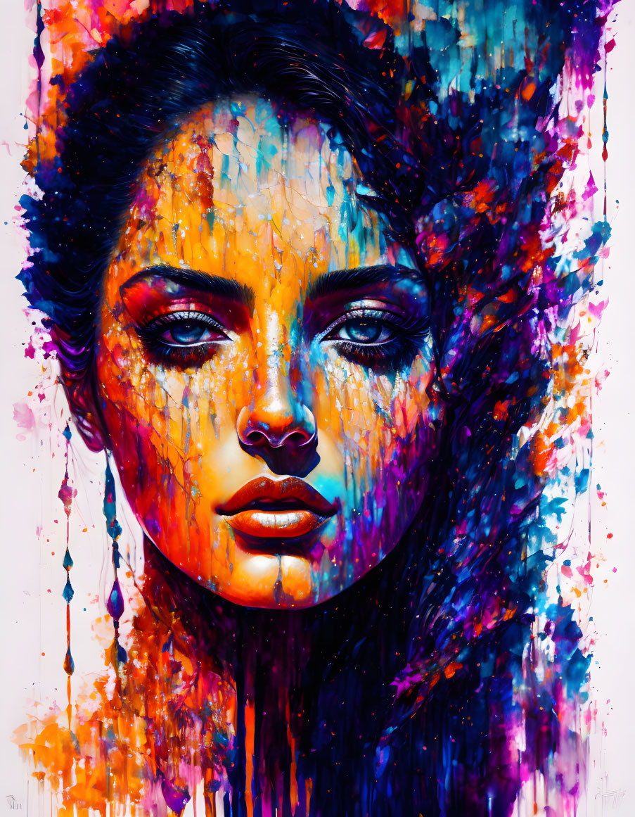 Colorful Portrait of Woman with Intense Gaze and Splashed Hues