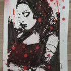 Monochromatic Woman Artwork with Red Accents and Urban Abstract Elements