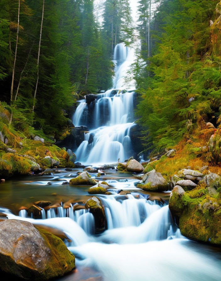 Serene forest waterfall surrounded by green trees