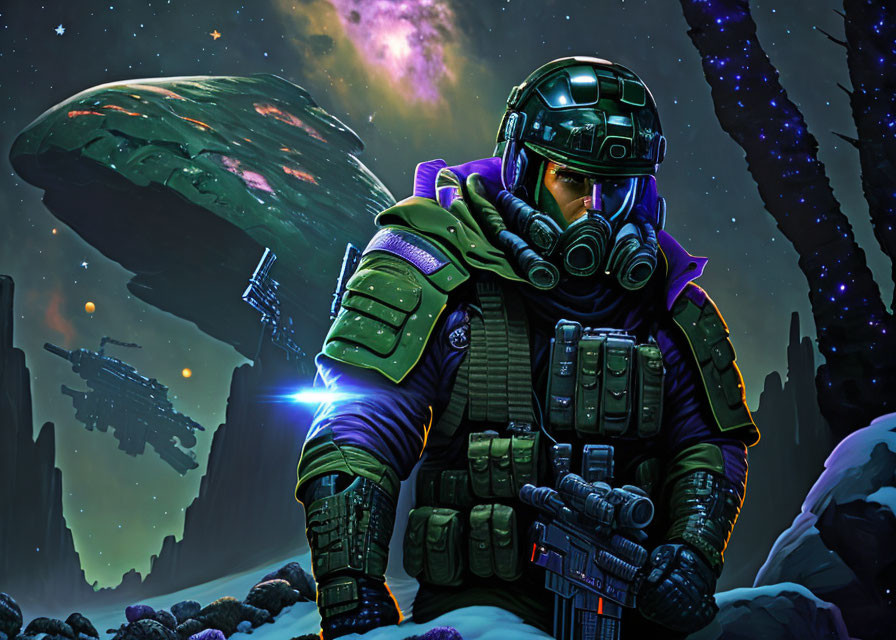 Futuristic soldier in green and purple armor on alien planet