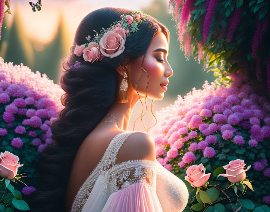 Digital artwork of elegant woman in floral hairpiece in lush garden at sunset