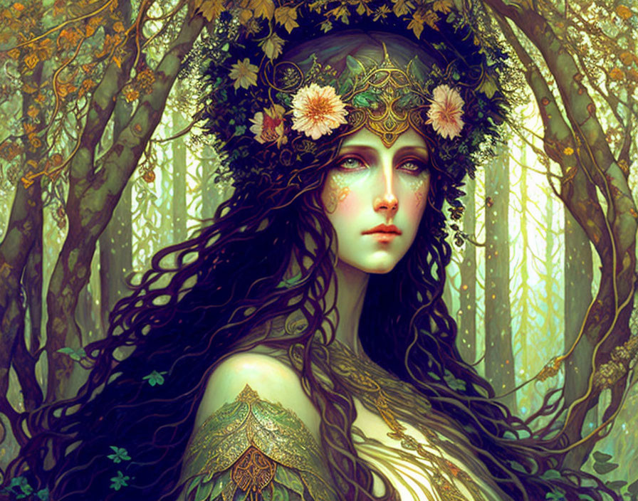 Ethereal woman with floral crown in enchanted forest setting