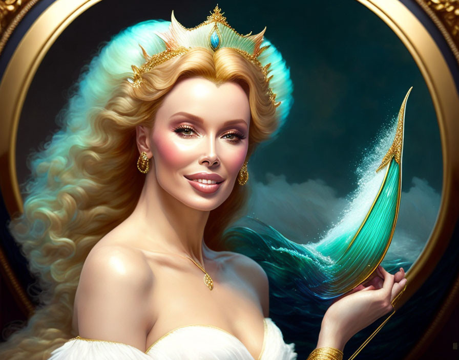 Illustrated portrait of a smiling woman with blonde hair, gold crown, holding a golden ship in oval