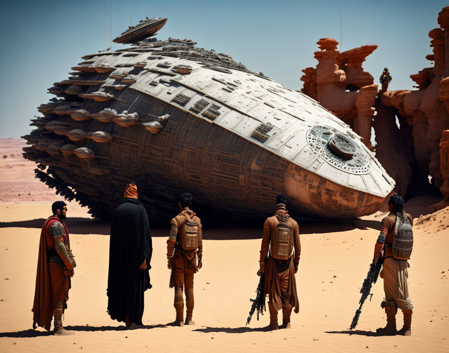 Figures in rugged attire observe futuristic spaceship crash-land in desert.