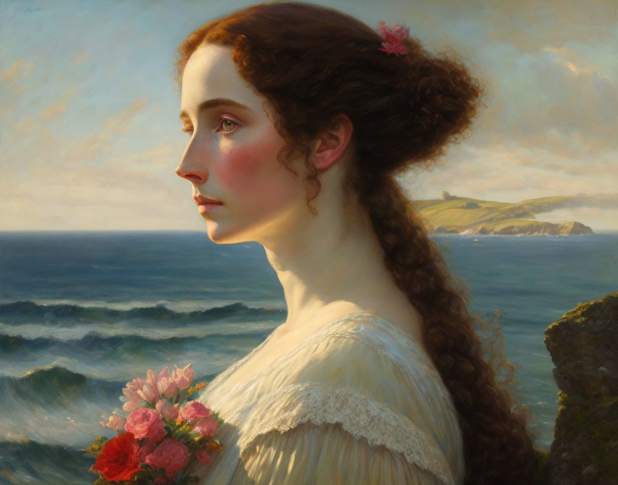 Portrait of woman with auburn hair and pink flower, gazing at sea and cliffs