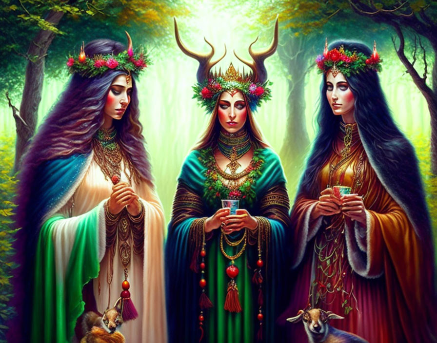 Mystical figures with floral crowns in lush forest with animals