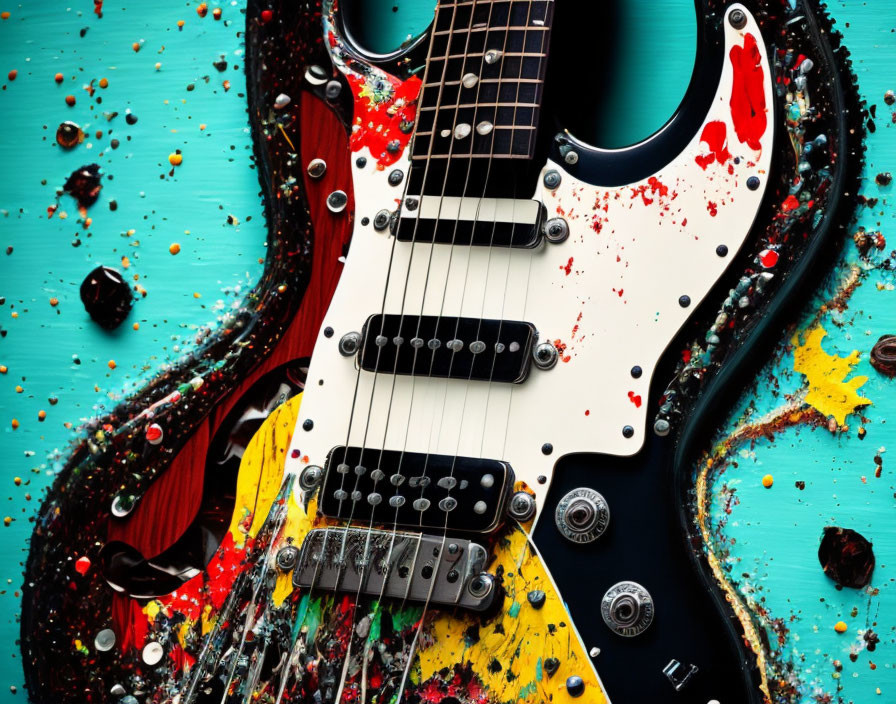 Colorful Paint Splashes Adorn Electric Guitar on Turquoise Background