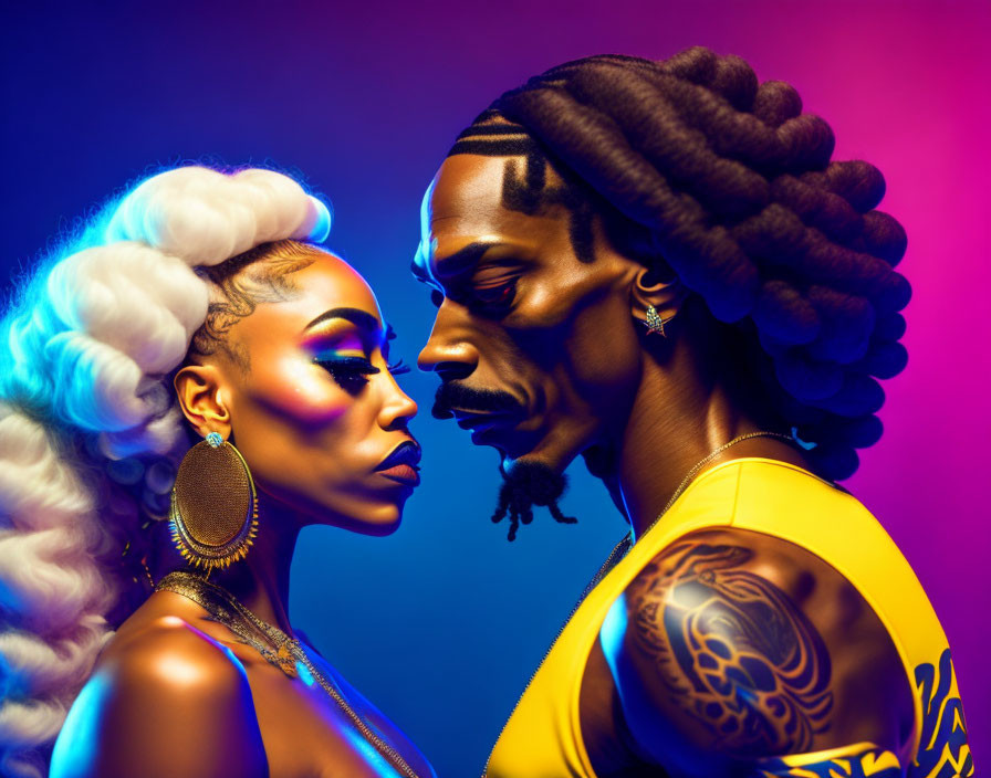 Two individuals with striking hairstyles against a colorful background