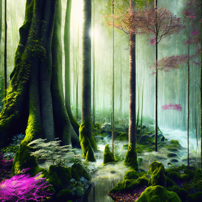 Moss-Covered Trees in Enchanted Forest with Delicate Purple Flora