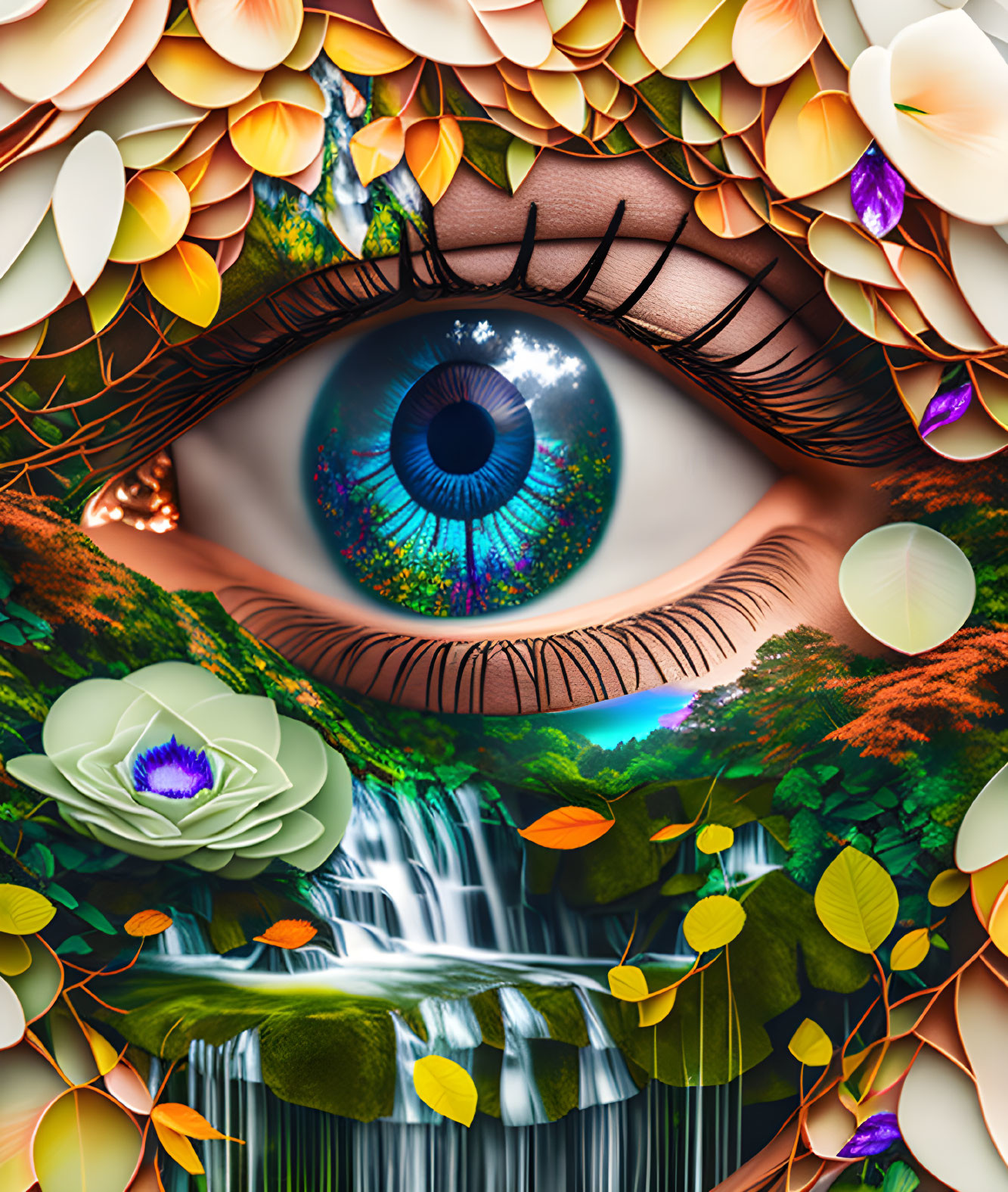 Detailed eye surrounded by floral elements and waterfall in iris.