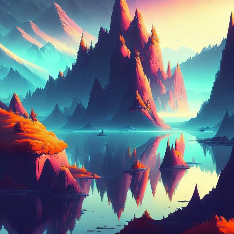 Mystical landscape with pink peaks, blue waters, and golden-lit trees