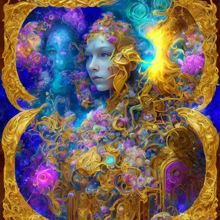 Vibrant surreal image: woman's face in golden heart with cosmic and floral fusion