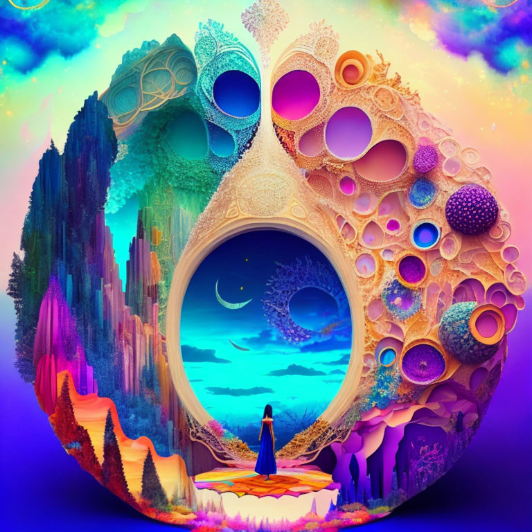 Colorful digital artwork of person in surreal landscape