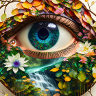 Detailed eye surrounded by floral elements and waterfall in iris.