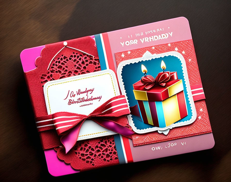 Colorful Birthday Card with Candlelit Cake and Ribbon-Wrapped Gift