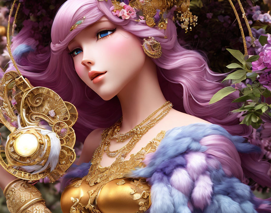 Fantasy illustration of woman with purple hair, gold headpiece, blue fur, and flowers.