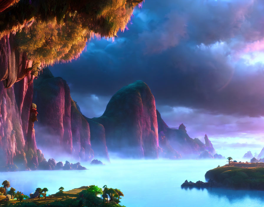 Misty Waters, Purple Mountains, and Lush Islands Under Dramatic Sky