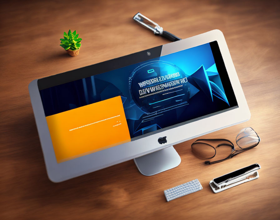 Desktop iMac showcasing webpage design on wooden desk with plant, glasses, pen, and keyboard.