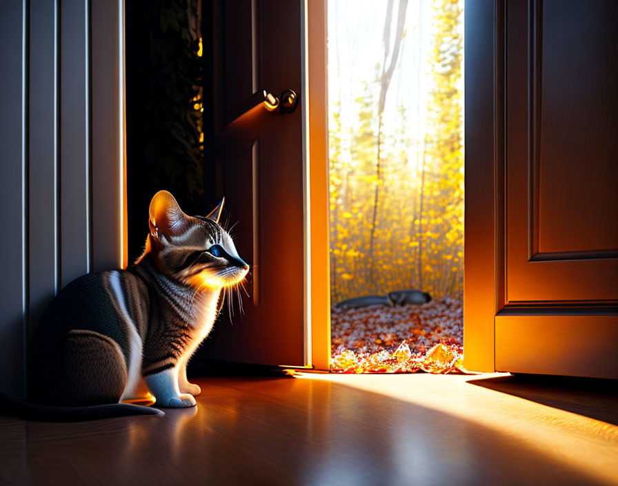 Cat sitting by open door with sunlit forest view.