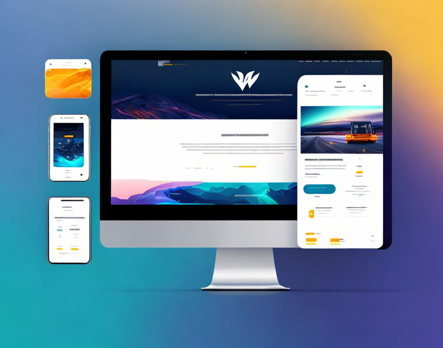 Responsive Website Design Displayed on Multiple Devices Against Gradient Background