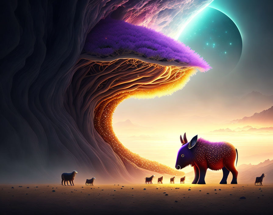 Fantasy landscape with glowing tree, colorful creature, small animals, twilight sky, large planet