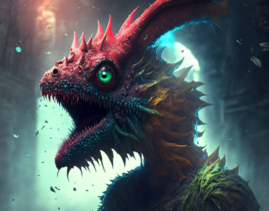 Colorful Dragon with Green Eyes and Red Spikes in Misty Setting