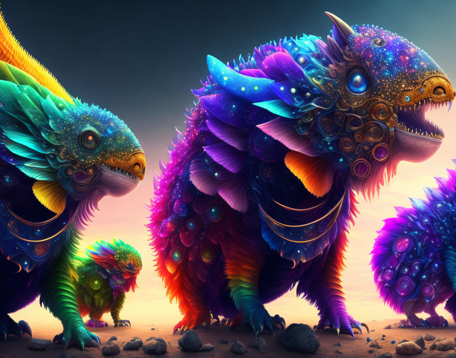 Colorful Fantasy Dinosaur-Like Creatures in Mystical Dusk Landscape