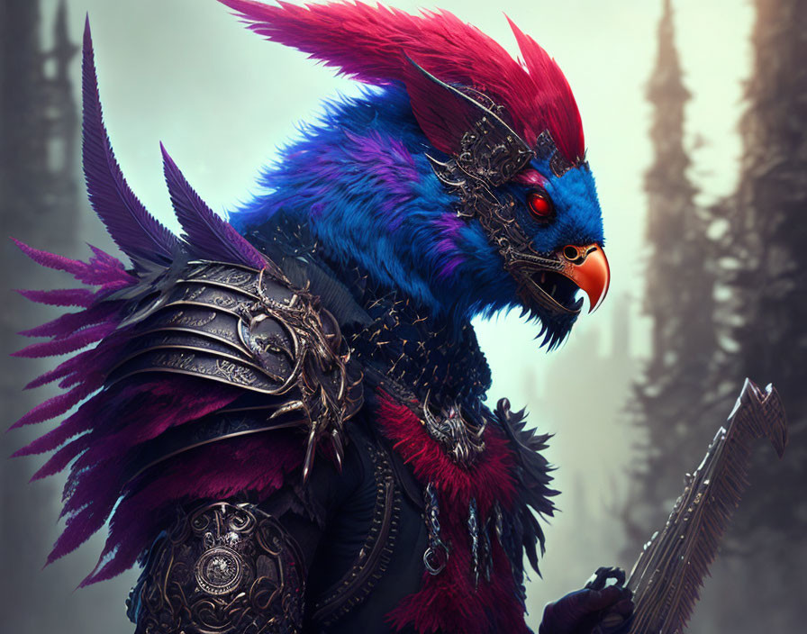 Colorful bird creature in armor in misty forest