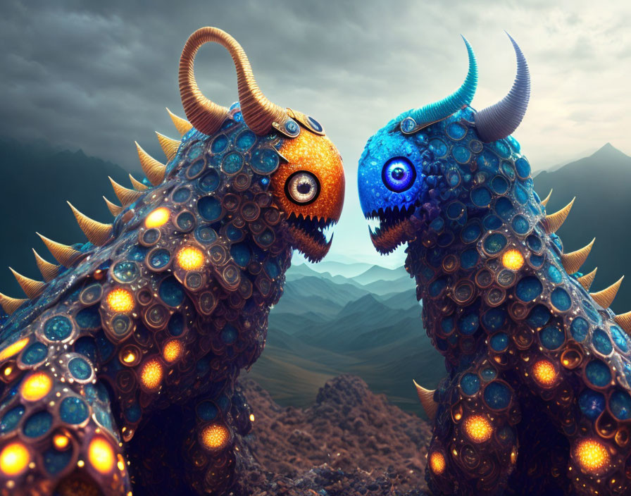 Vibrant mythical creatures with horns and scales in confrontational pose against mountainous backdrop