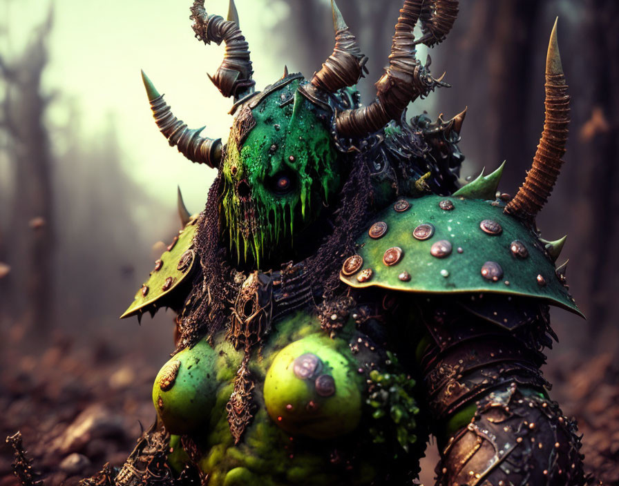 Fantasy creature with green skin, large horns, and spiked armor in foggy forest