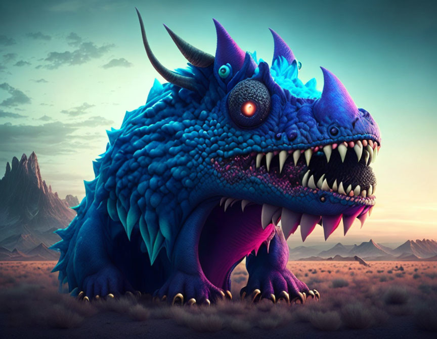 Cartoonish dragon in blue and purple colors in desert twilight