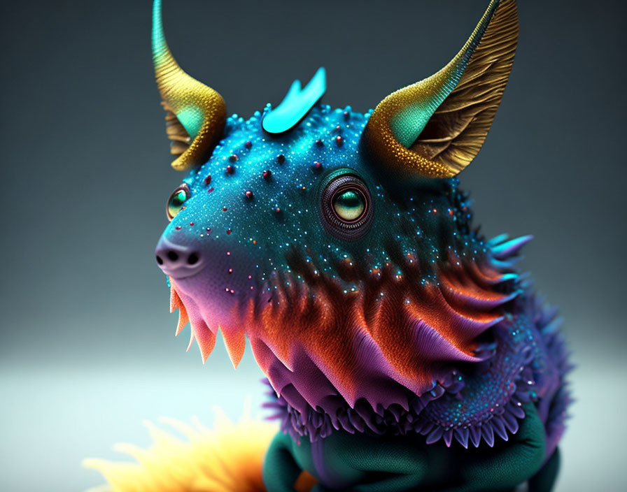 Colorful 3D illustration of fantastical creature with horns, blue skin, and orange spikes