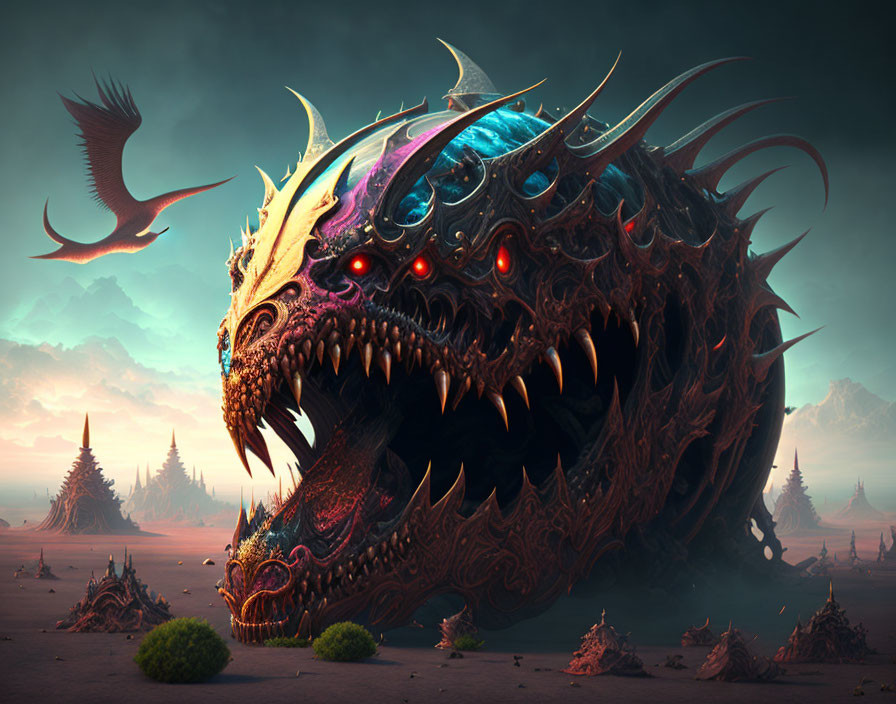 Digital artwork: Menacing dragon with glowing eyes and intricate armor in desolate landscape with bird-like creature