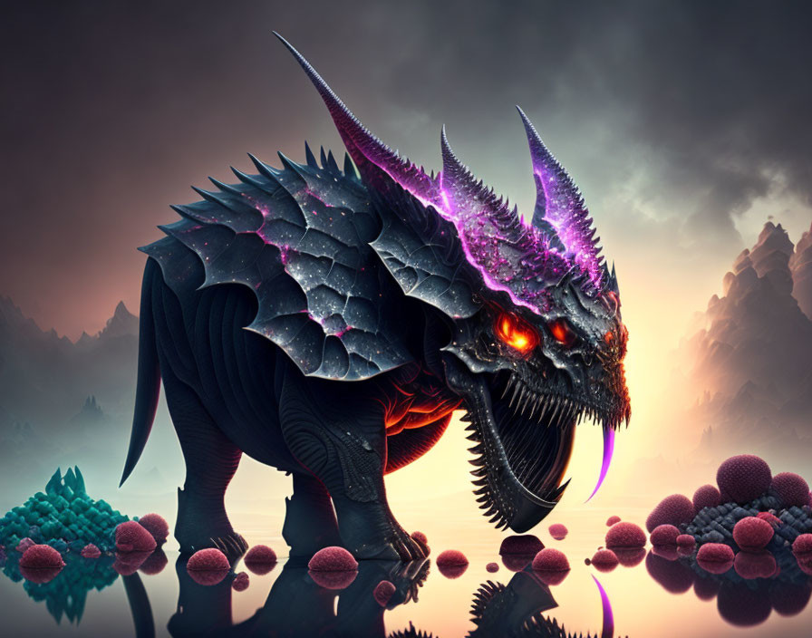 Majestic dragon in dark scales with glowing orange eyes and purple horns in fantasy landscape.