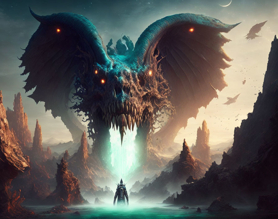 Person confronting a giant winged beast in a fantastical landscape