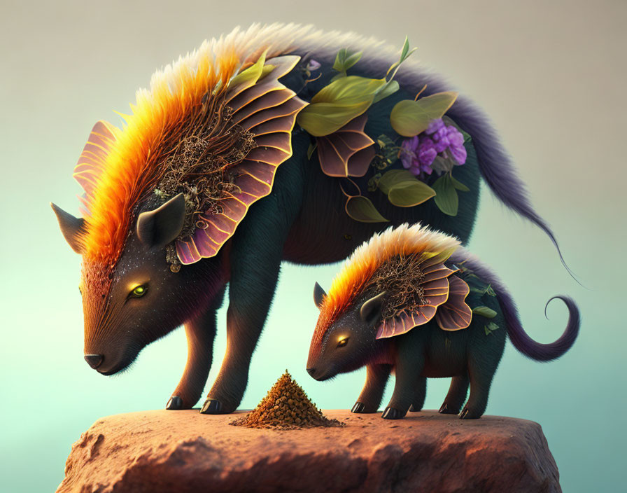 Vibrant plant-like maned fox creatures on rock in serene setting