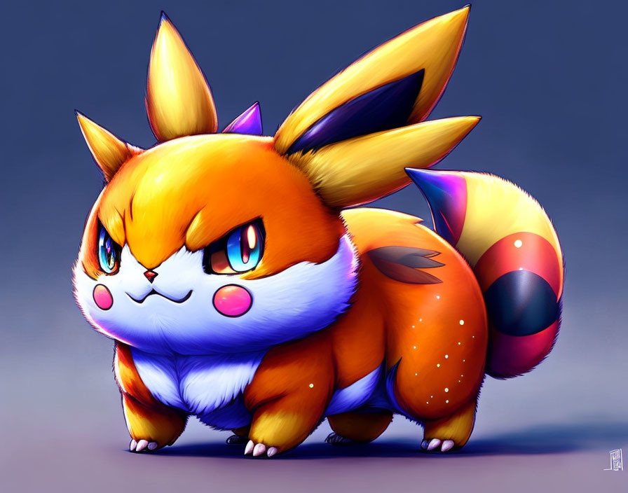 Orange Flareon Pokémon with bushy tail on purple background