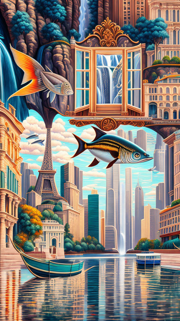 Surreal artwork with flying fish, floating waterfall, upside-down Eiffel Tower, eclectic architecture