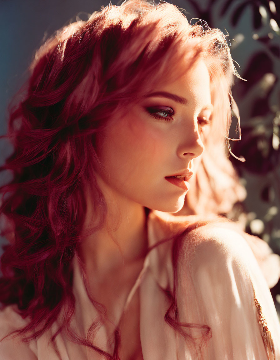 Red-haired woman in light blouse with serene expression in sunlit scene