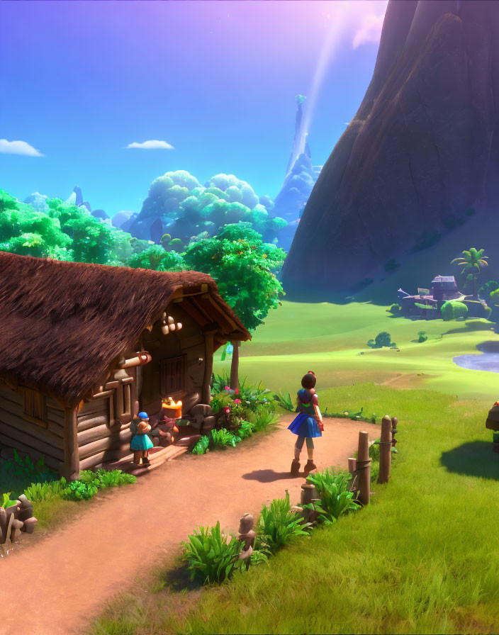 Vibrant 3D animated scene: Character at wooden hut in lush green landscape